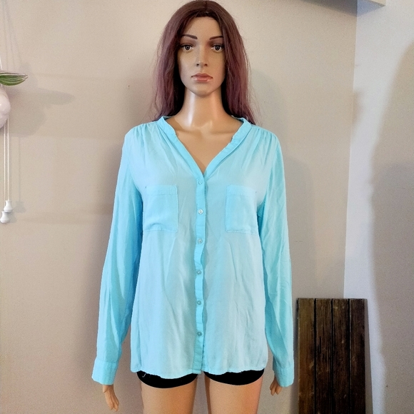 Atmosphere Light Blue V Neck Long Sleeves Light Button Down Top - Picture 1 of 12
